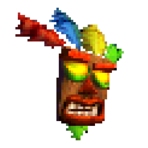 Retro-style pixel art of a vibrant orange and green tiki mask with exaggerated tribal features